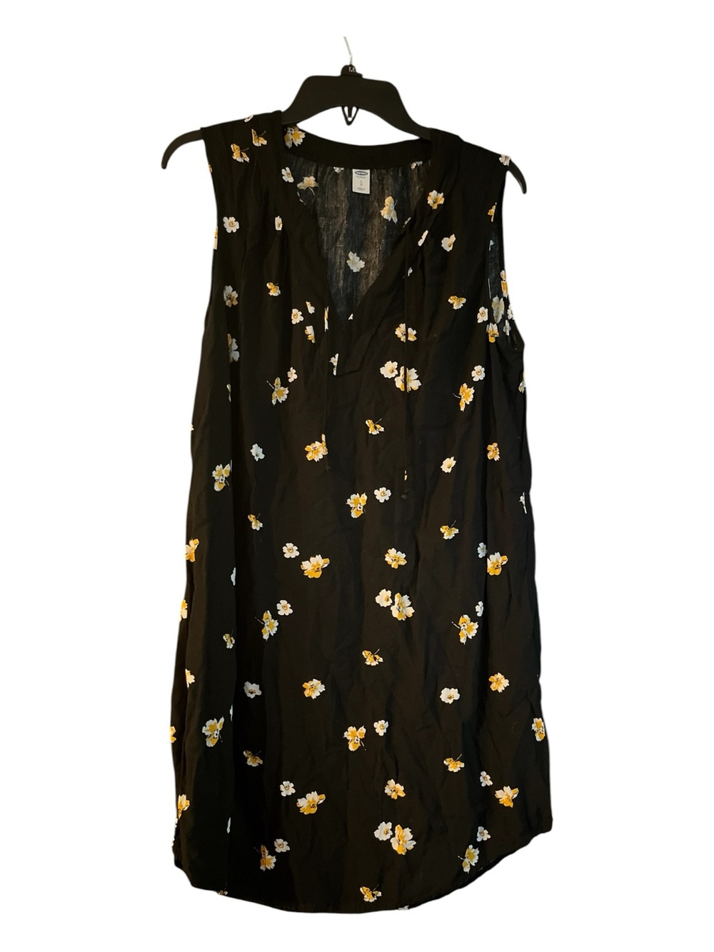 Old Navy Black Floral Daisy Shift Dress Split Tie Neck Mini Large